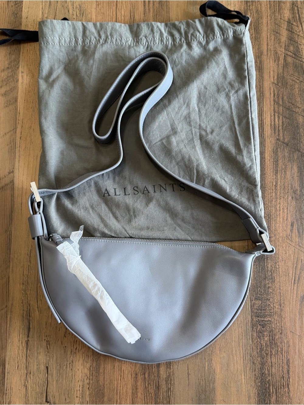 New With Dust Bag $249 AllSaints Half-Moon Crossbody Bag in Light Gray - Picture 2 of 15